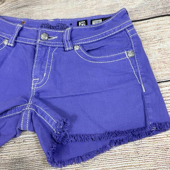 Y2K Miss Me Purple Western Cross Bling Shorts Size 29 Low Rise 5 Pocket Denim - Picture 6 of 14